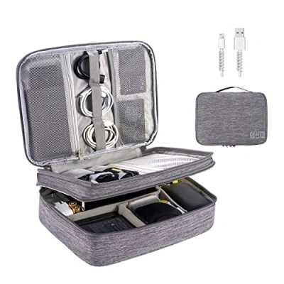 Image of OrgaWise Accessories Bag Travel Electronics Organiser 3 Layer Cables Case for Power Bank, Camera, Ipad and Memory Card Grey Electronic with 2 pcs Data Line Protect Sets