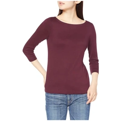 Image of Amazon Essentials Women&#039;s Slim Fit 3/4 Sleeve Solid Boat Neck T Shirt, Burgundy, XXL