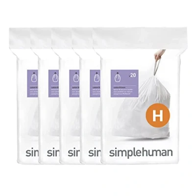 Image of simplehuman Code H 100 Liners, 50% Recycled Custom Fit Bin Bags in Dispenser Packs with Durable Drawstring Tie Handle, 30 35L, White