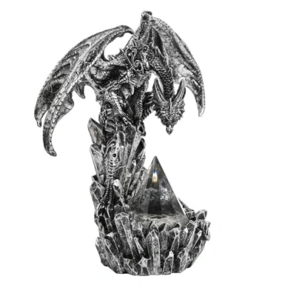 Image of Widdop and Co. Juliana Mystic Legends Silver Metallic Effect Dragon Figurine Statue with Light &amp; Shimmering Glass Mythical, Fantasy Gothic Themed Ornament Gifting for Homeware Home Decor.