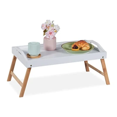 Image of Relaxdays Folding Serving Tray, White/Natural, 24 x 55.5 30 cm