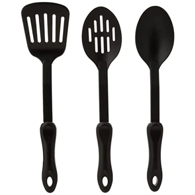 Image of KitchenCraft Anti Scratch Kitchen Utensils Set, Nylon, Cooking Spoon, Slotted Fish Slice, 34 cm (14&quot;), 3 Piece Black