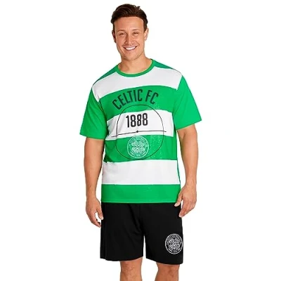 Image of Celtic F.C. Mens Short Pyjamas Set, Breathable Loungewear Gifts (Green/White, S)