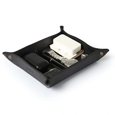 Image of LONDO Genuine Leather Tray Organizer Practical Storage Box for Wallets, Watches, Keys, Coins, Cell Phones and Office Equipment,Black