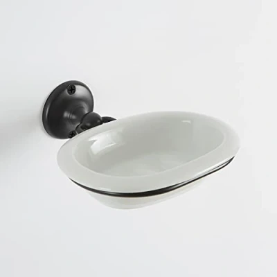 Image of Milano Elizabeth Traditional Bathroom Wall Mounted White Ceramic Soap Dish and Black Holder