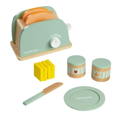 Image of Teamson Kids Wooden Toaster Toy Play Kitchen Accessories 11 pcs Green TK W00006