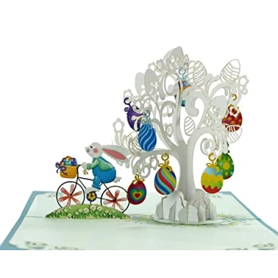 Image of Happy Easter Bunny Bicycle Pop Up 3D card. Special Occasion Celebration, a delightful surprise greeting card for Kids,Children,Family and Friends. 15cmx15cm (Easter Bike)