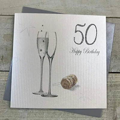 Image of white cotton cards 50 Happy Handmade 50th Birthday Card with hologram Champagne Design, pdc50