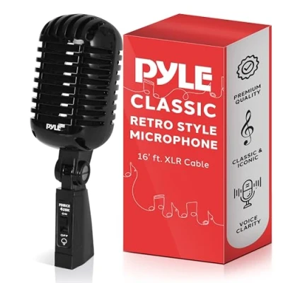 Image of Pyle, Vintage Microphone, Retro Dynamic Microphones, Classic Old Style Vocal Mic, Unidirectional Cardioid w/ XLR Cable, Universal Stand Compatible, Live Performance, In Studio Recording (Black)