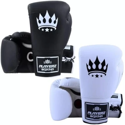 Image of Playerz SparTech Lace Boxing Gloves Dual Layered Foam Padding, Premium Microfibre, Vegan Friendly, Sizes 10oz 16oz, for Sparring, Pad Work, and Bag Training Classic White/Black