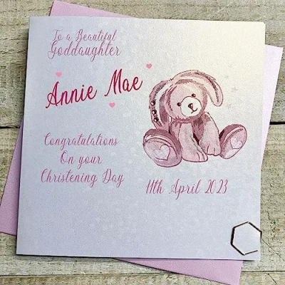 Image of White Cotton Cards GODDAUGHTER PERSONALISED CHRISTENING CARD, PINK BUNNY DESIGN, HAND FINISHED (X) P23 43 GODD