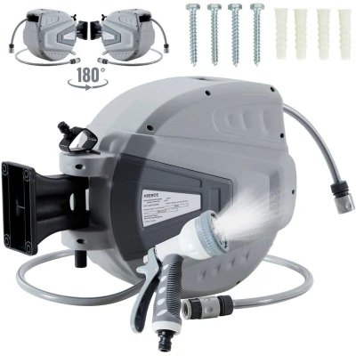 Image of Arebos Garden Hose Reel, 30 m, Grey, Wall Mount, Automatic, Includes Hand Shower and Nozzle, 9 Spray Functions
