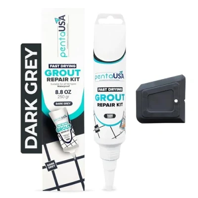 Image of PentaUSA Tile Grout Repair Kit 8.8 oz Dark Grey Color Premix Paint Tube with Applicator Spatula Restore, Repair, Renew Joints, Fast Drying, Odorless Formula (Dark Grey, 8.8oz 250gr)