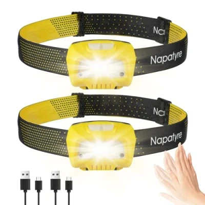 Image of Napatyre Head Torch Rechargeable, Super Bright LED Headlamp Waterproof Headlight with Motion Sensor &amp; Red Lights, 6 Light Modes, 30 Hours Runtime, for Cycling Running Camping (2 Pack)