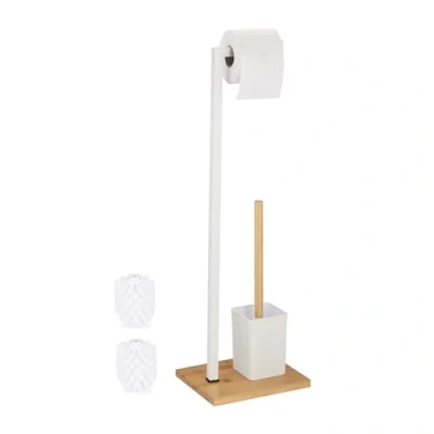 Image of Relaxdays WC Set, Bamboo, Stainless Steel, Free Standing, incl. 2 Spare Heads, Toilet Roll &amp; Brush Holder, White/Natural, 70.5 x 22 18 cm