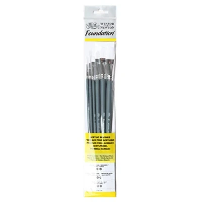 Image of Winsor &amp; Newton Foundation Acrylic Brush, Set of 6, Wood, Multicoloured, 7 x 1 4.3 cm