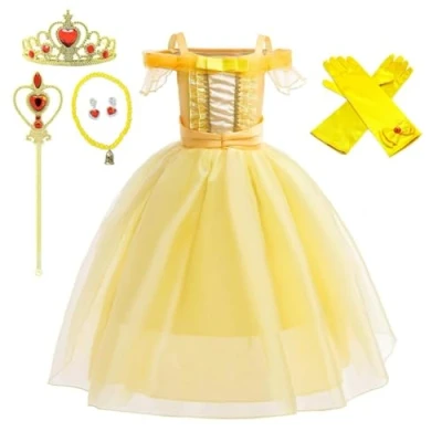 Image of Lito Angels Princess Belle Costume Fancy Dress Up Birthday Party Outfit with Accessories for Girls Kids Age 4 5 Years Yellow