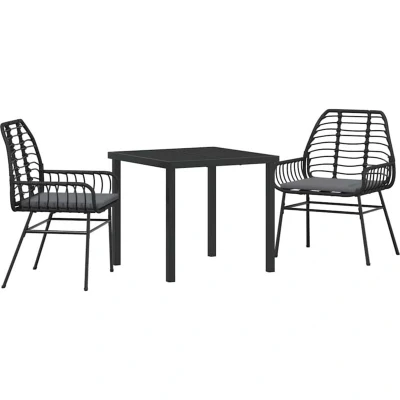 Image of vidaXL 3 Piece Garden Dining Set with Cushions Black Poly Rattan