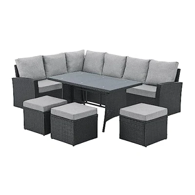 Image of EVRE 9 Seat Marilyn Corner Sofa &amp; Dining Rattan Garden Furniture Set for Indoor Outdoor Patios Gardens Conservatories (Black)