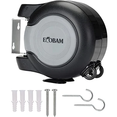Image of EcoBam Retractable Reel Washing Lines, Wall Mounted Laundry Drying Double Clothes Line, Heavy Duty Dual Clothesline Dryer Indoor Outdoor, 30m (2 x 15m) Black