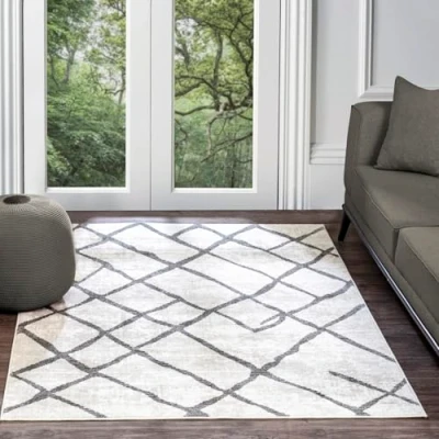Image of Livabliss Turku Geometric Rug Scandi Area Rugs Living Room 120x170 cm, Dining, Kitchen Neutral, Abstract Patterned Rugs, Boho Style, Easy Care Pile Large Rug, White and Grey