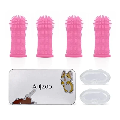 Image of Aujzoo Dog Toothbrush, 360º Pets Teeth Cleaning Toothbrush for Dogs Cats Dental Care, Silicone Finger Brush Set of 4 03 Pink