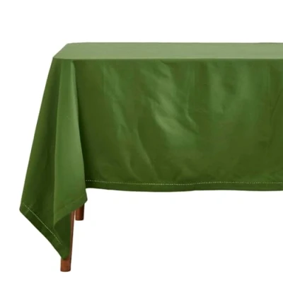 Image of HOMESCAPES Olive Green Cotton Tablecloth 4 Seater Square 137 x cm (54 54 Inches) Washable Hand Woven 100% Plain with Decorative Ladder Stitch Edge