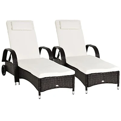 Image of Outsunny 2PC Rattan Sun Lounger Recliner Bed Reclining Chair Patio Garden Outdoor Wicker Weave Adjustable Headrest with Fire Retardant Cushion Brown
