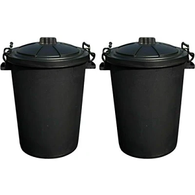 Image of Srendi® 2 x 50L LITRE Black BINS DUSIT BIN/GARDEN Large Plastic Dustbin Garden Storage Unit Bin Clip On Locking Lid Heavy Duty for Rubbish Waste Animal Feed