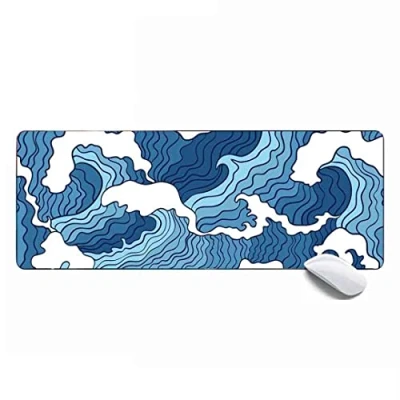 Image of MSHAJ Art paintings Japanese Blue and White Wave Gaming Mouse Pad XL,Extended Large Mat Desk 31.5x11.8x0.12IN,Stitched Edges Non Slip Mousepad for Computer,Office,Keyboard Laptop