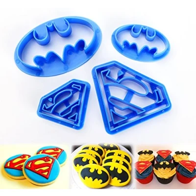 Image of ilauke Superhero Superman Batman Cookie Cutters Mould Set of 4 Biscuit Pastry Fondant Cake Cupcake Decorating Tools for Kids and Adults
