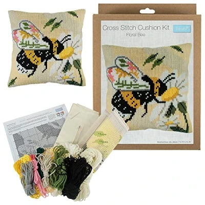 Image of Cross Stitch Cushion Cover Kit Floral Bee Design Adult Craft