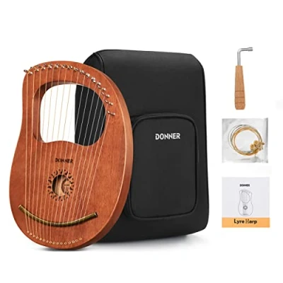 Image of Donner Lyre Harp 16 Strings Metal Copper Saddle Mahogany with Tunning Wrench, Extra Strings, Manual and Gig Bag (DLH 003)