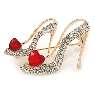 Image of Avalaya Gold Tone Clear/Red Crystal High Heel Shoe Brooch 40mm