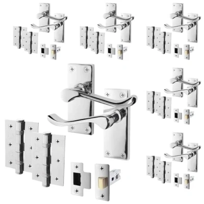 Image of EAI Polished Chrome Victorian Scroll Door Handle Latch Set 6 Pairs of Internal Lever Handles on Backplate with Hinges (76mm) &amp; (64mm)