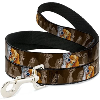 Image of Buckle Down Dog Leash Lady and Tramp 2 Poses Spaghetti Kiss Scene Browns Available In Different Lengths Widths For Small Medium Large Dogs Cats, 6 Feet Long 1.5&quot; Wide