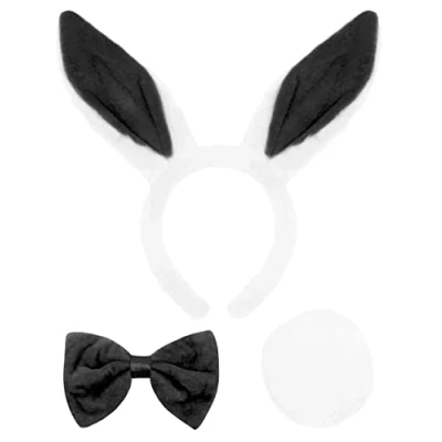 Image of Adults Bunny Set Pack of 1 White Rabbit Ears + Black Bowtie Tail Plush Wonderland Easter Fancy Dress Costume Accessory