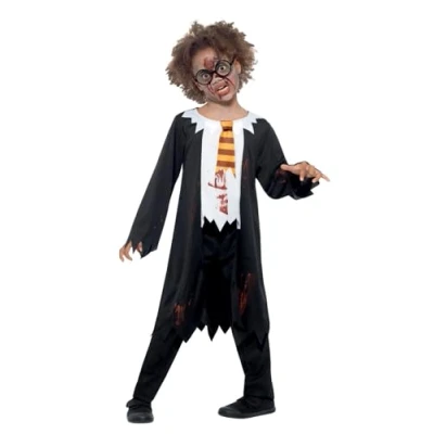 Image of Smiffys Zombie Student Costume, Black &amp; White with Robe, Attached Shirt Tie, Halloween Child Fancy Dress, Dress Up Costumes