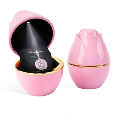 Image of Rolin Roly Pendant Box with LED Light Pink Rose Shape Velvet Storage Jewelry Boxes Display Necklace Gift Case for Organizer Engagement Anniversaries Weddings