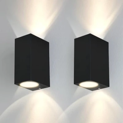 Image of Kerry 2 Pack Outdoor Wall Lights, Outside Light Mains Powered, Up Down External Lighting, IP44 Waterproof Black Modern Rectangle Lamp, Gu10 Mounted Garden Lights for Front Door(No Bulb)