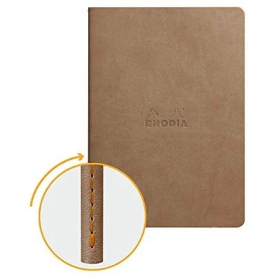 Image of RHODIA 116404C Soft Taupe Textile Stitch Notebook A5 Lined 64 pages Ivory Clairefontaine Paper 90 g/m Faux Leather Cover Rhodiarama Collection