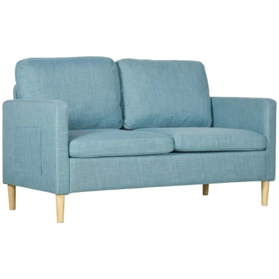Image of HOMCOM Two Seater Sofa for Living Room, Modern Fabric Couch with Wood Legs and 2 Pockets Bedroom Home Office, Blue