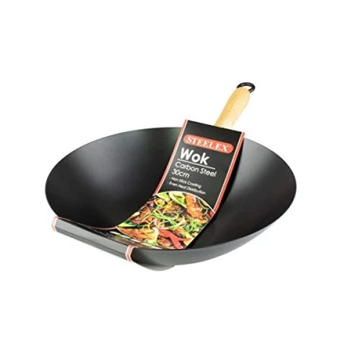 Image of STEELEX Non Stick Carbon Steel Wok 30cm With Wooden Handle Flat Base Chinese Style Cooking Deep Stir Fry Frying Pan