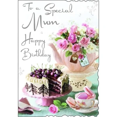 Image of Jonny Javelin Special Mum Birthday Card Black Forest Gateau, Flowers and Tea Embossed with Foil Flitter Details