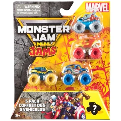 Image of Monster Jam, Marvel Official Mini 5 Pack with Mystery Collectible Truck, 1:87 Scale, Surprise Kids Toys for Boys and Girls Ages 3 up
