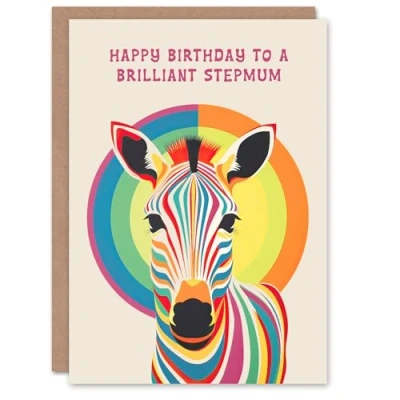 Image of Artery8 Stepmum Happy Birthday Card Fun Rainbow Zebra Stripes Bauhaus Bright Funky For Her Greeting