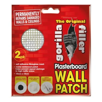 Image of Plasterboard Repair Patch 2pk 4inch Self Adhesive Sticky Fibreglass Mesh Wall for Holes in Damaged &amp; Ceilings(10cm x 10cm)