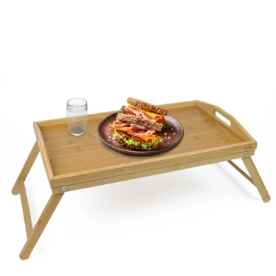 Image of DIVCHI Bamboo Bed Tray Table With Handles &amp; Foldable Legs, Multipurpose Lap Standing Desk For Breakfast In Bed, Sofa, Eating, Platters, Working, Serving, Drawing, Laptop Stand Snack