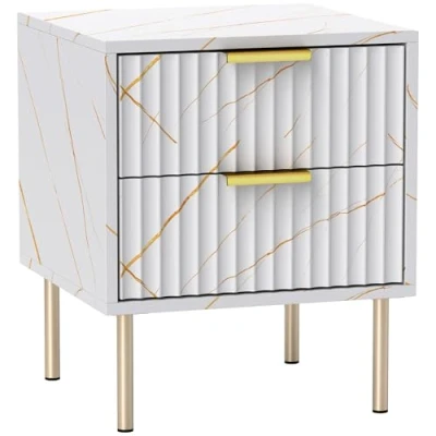 Image of HOMCOM Marble Pattern Bedside Table, Fluted Cabinet with 2 Drawers, Side End Table Steel Legs for Bedroom, White
