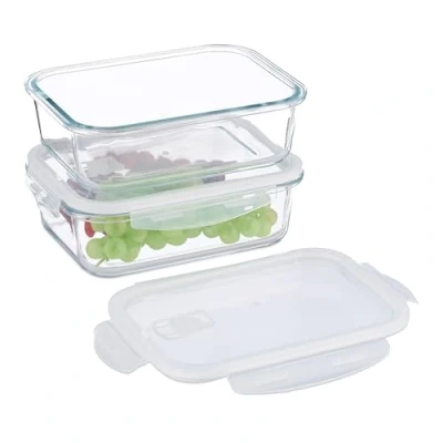 Image of Relaxdays Glass Containers with Lid, Set of 2, 1520 ml, Meal Prep, Food Storage Boxes, Plastic Lid Airtight, Transparent